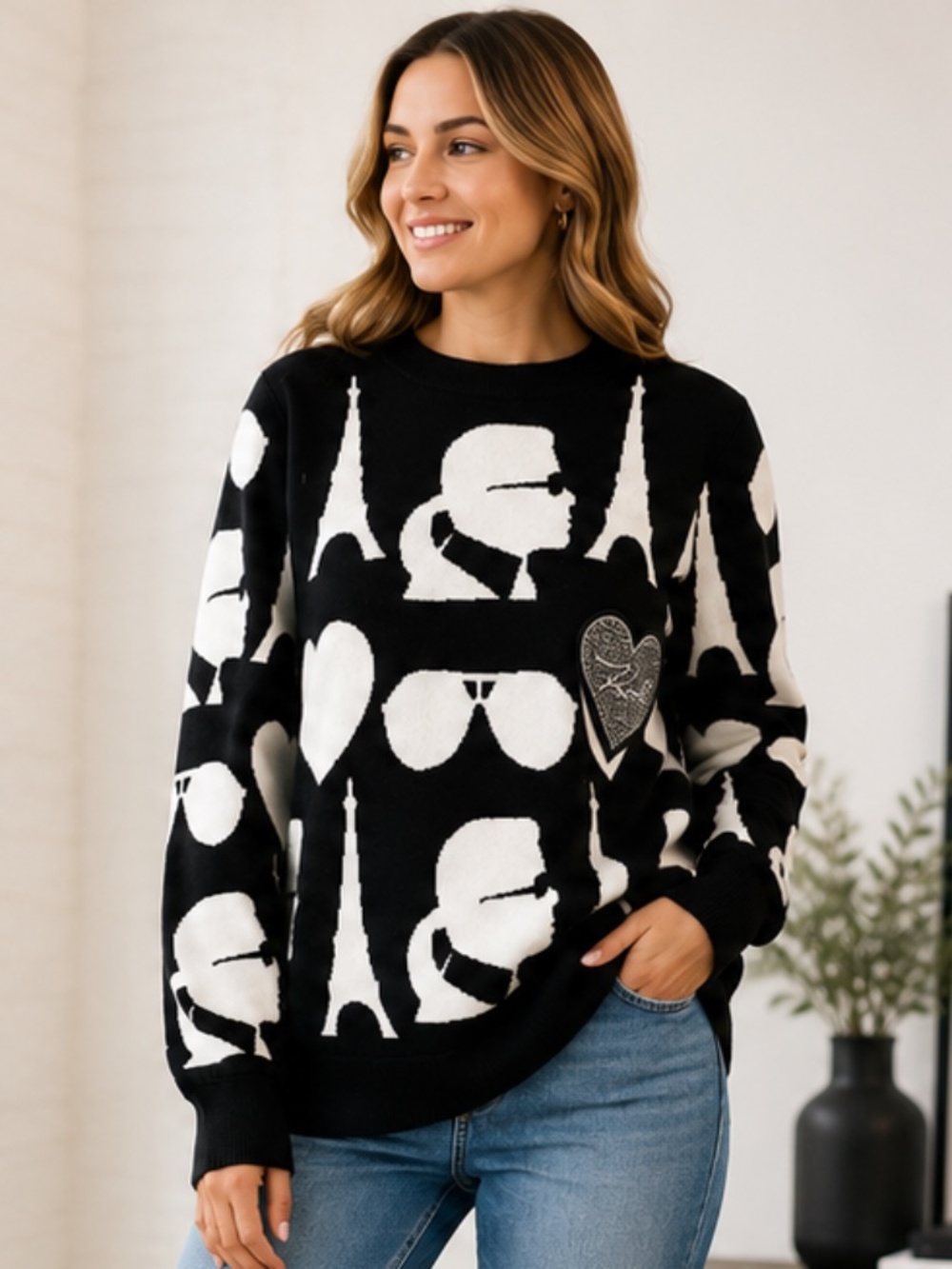 Karl Lagerfeld Paris Eiffel Tower Heart Embellished Sweater Black White L NWT